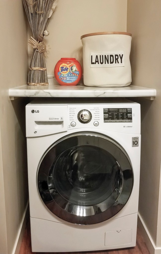 A modern in-suite laundry setup featuring a white LG washer-Dryer, Tide detergent pods, and a laundry basket, accompanied by decorative dried plants.